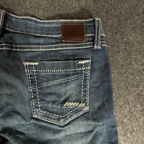 BKE Starlite Flare Jeans Womens 29L Medium Wash Blue Contrast Stitch Low Rise - Picture 6 of 11